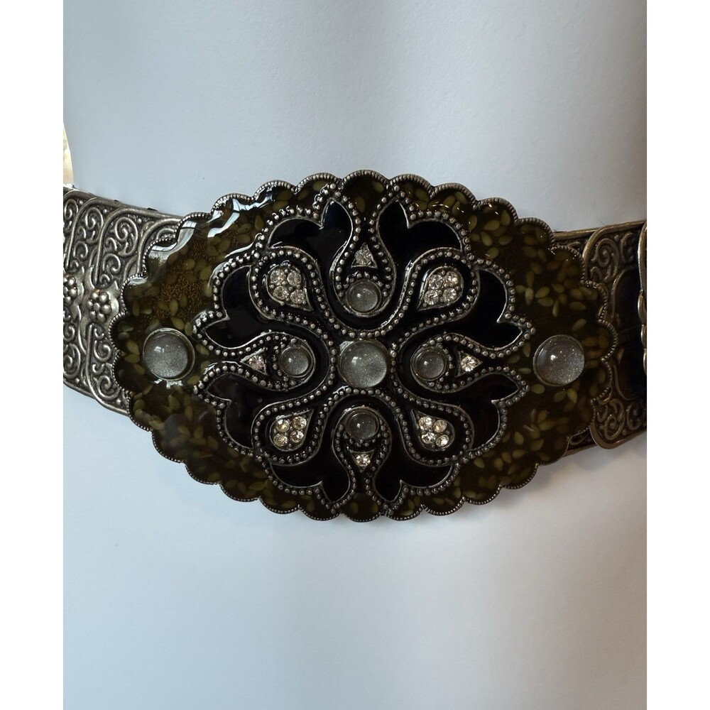 Belt OSFM Metal Silver Tone Elastic Stretch Oval Buckle w/ Enamel & Bling Vtg - Picture 6 of 16